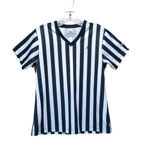 Foot Locker Referee Uniform Shirt Womens M Black White Striped V-Neck Jersey